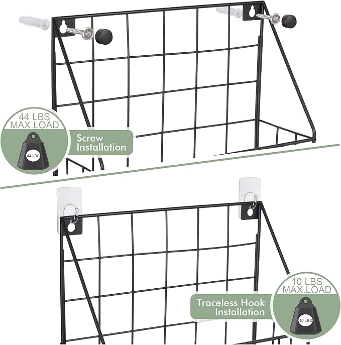 Mail Holder Magazine Basket - 1 Pack Black Wall Mount File Organizer Rack of Wooden Style with Adhesive Mounting - Metal Wire