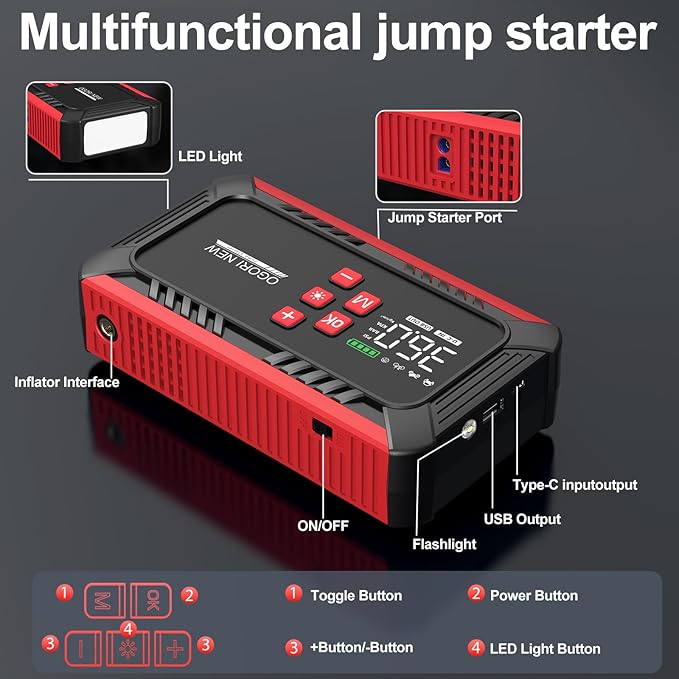 7000A Jump Starter with Air Compressor, 21800mAh Car Battery Jump Starter (All Gas/16.0L Diesel) with 150PSI Auto-Shutoff Tire Inflator, 12V Portable Jump Box with Booster, Jumper Cables