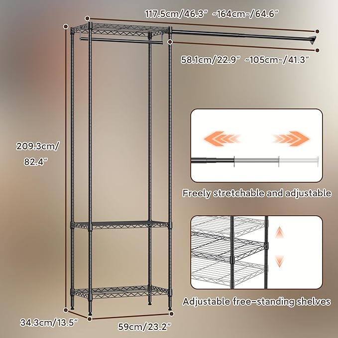 MZG Heavy Duty Rolling Garment Rack 3 Tiers Adjustable Wire Shelving Clothes Rack with 2 Rods Storage Closet Clothing Rack Bl