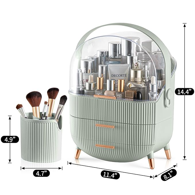 CANITORON Makeup Organizer with 2 Drawers and Brush Storage Box, Cosmetic Display Case for Vanity and Bathroom Countertop Sto