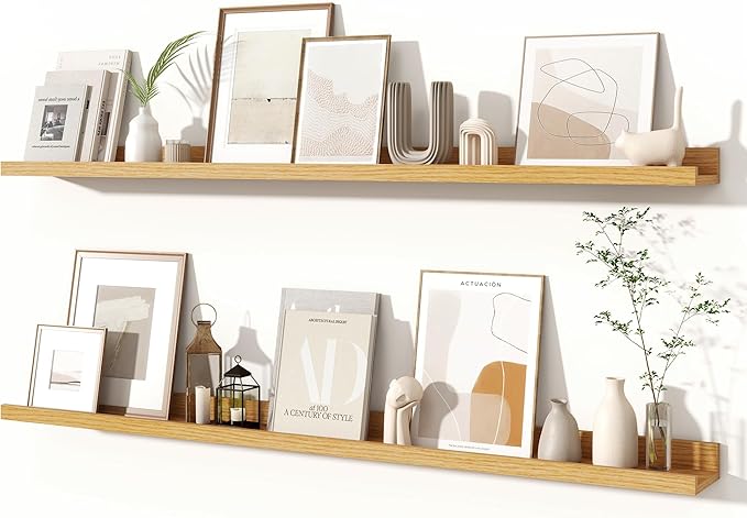 Fun Memories Picture Ledge Shelves Set of 2, 48 Inch Rustic Wall Mounted Floating Shelves with Lip for Home Storage and Décor