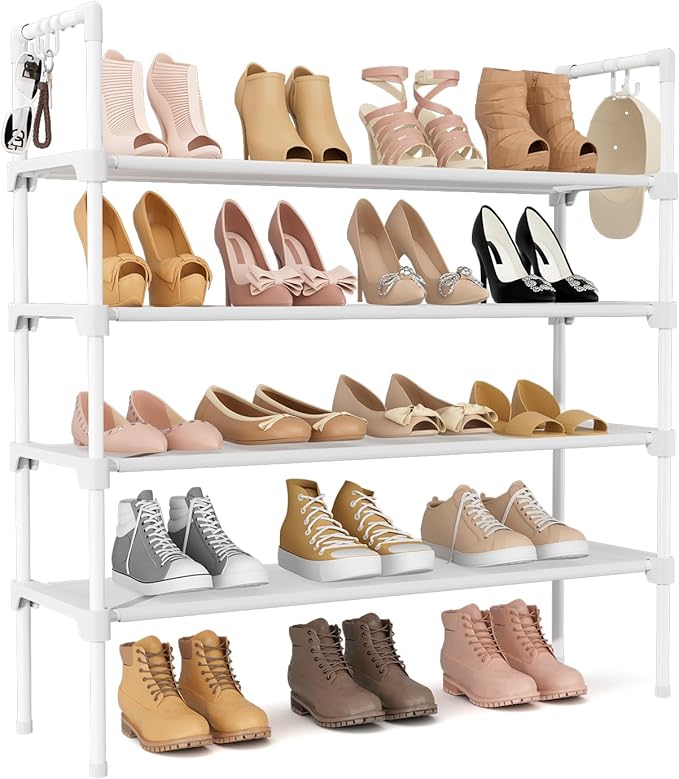 LANTEFUL 4 Tier Shoe Rack for Closet Shoe Organizer with 5 Hooks, Long Shoe Shelf Storage for Shoe and Boot Stackable Free St