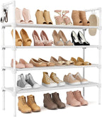 LANTEFUL 4 Tier Shoe Rack for Closet Shoe Organizer with 5 Hooks, Long Shoe Shelf Storage for Shoe and Boot Stackable Free St
