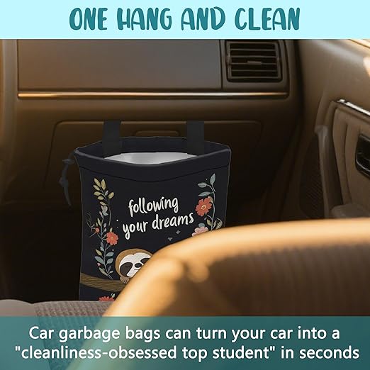 Car Garbage Bag Cute Brown Sloth and Floral Hanging Canvas Car Trash Bag Drawstring Car Back Seat Organizer for Car Back Front Seat Console with Adjustable Buckle
