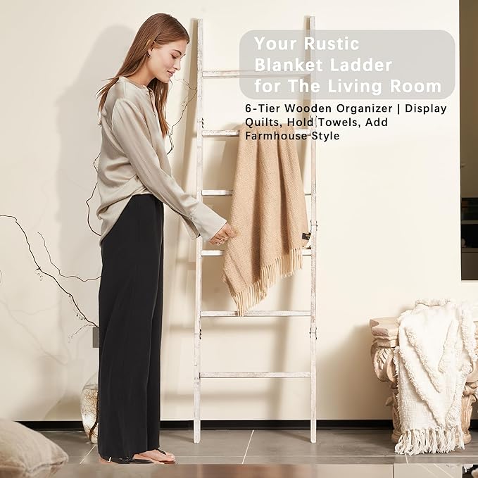 Blanket Ladder for The Living Room 6-Tier, Wooden Decorative Quilt Holder for Bed Room, Wall-Leaning Towel Rack for Bathroom，