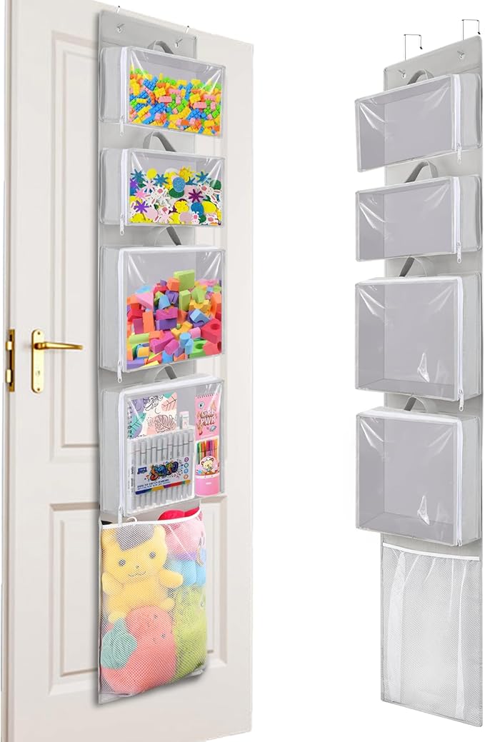 Woodoulogy Hanging Toy Storage over Door, Block Stuffed Animal Organizer Idea with 4 Removable Case Bag, Bi-Fold Closet Holde