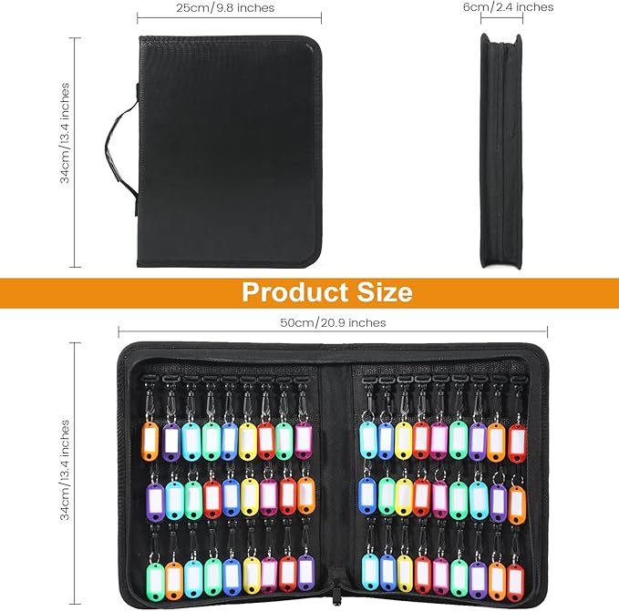 Zippered Key Case, Portable Key Organizer with Handle, Waterproof & Fireproof Key Binder with 54 Hooks and Tags, Key Box Orga