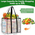 6 Pack Reusable Grocery Bags, Heavy-Duty Shopping Bags with Sturdy Handles, Water-Resistant & Foldable Organizer, Shopping Bags for Groceries, Market, Car Trunk, Multi-Purpose, 33L
