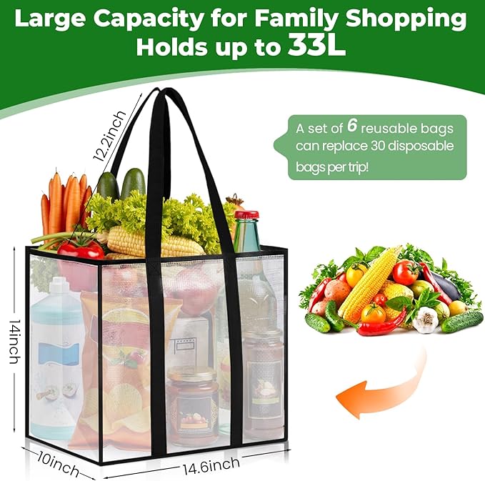 6 Pack Reusable Grocery Bags, Heavy-Duty Shopping Bags with Sturdy Handles, Water-Resistant & Foldable Organizer, Shopping Bags for Groceries, Market, Car Trunk, Multi-Purpose, 33L