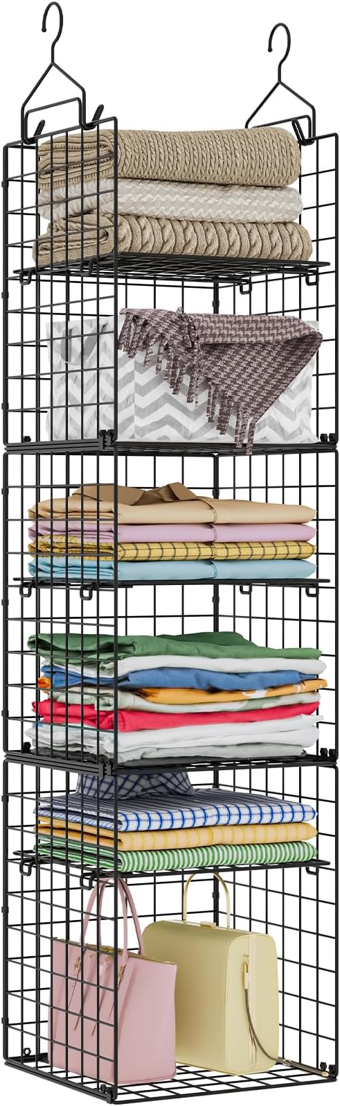 6-Tier Closet Hanging Organizer Shelves, Hanging Closet Organizer and Storage Bin with Adjustable Dividers, Metal & Foldable 