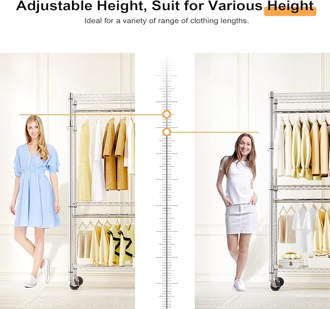 M MZG Heavy Duty Rolling Garment Rack 3 Tiers Adjustable Wire Shelving Clothes Rack with 2 Rods and Side Hooks,Storage Closet