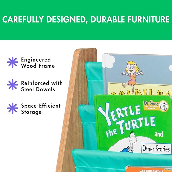 Humble Crew 4-Tier Kids Bookshelf, Natural Wood/Seafoam Green - Premium Book Shelf for Kids Rooms with Four Deep Pockets - To