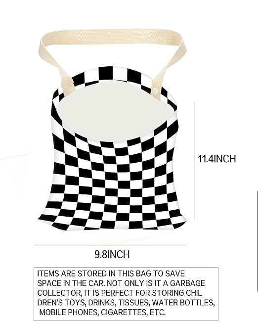Car Garbage Can, Trash Bag, Hanging Trash Can for Vehicle Accessories, Travelling, Camping, Cute Back Seat Organizer, Classic Black White Plaid