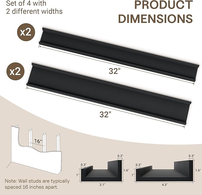 Fun Memories Picture Ledge Shelf - 32 Inches Floating Shelves Set of 4 - Floating Shelves with Lip for Storage - Wood Bookshe