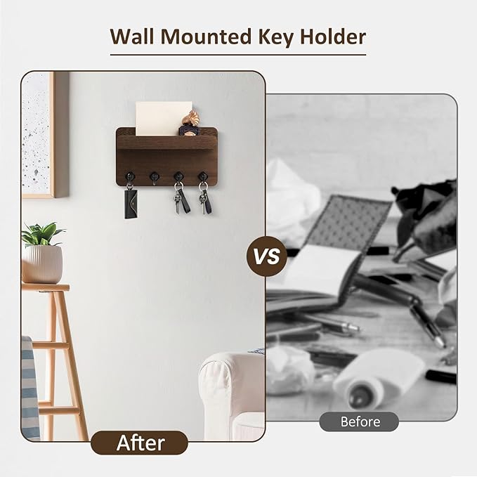 Nekon Key Holder Wall Mount, 8.5 Inch Small Home Decor Wooden Wall Organizer with 4 Hooks and Shelf, Key and Mail Holder for 