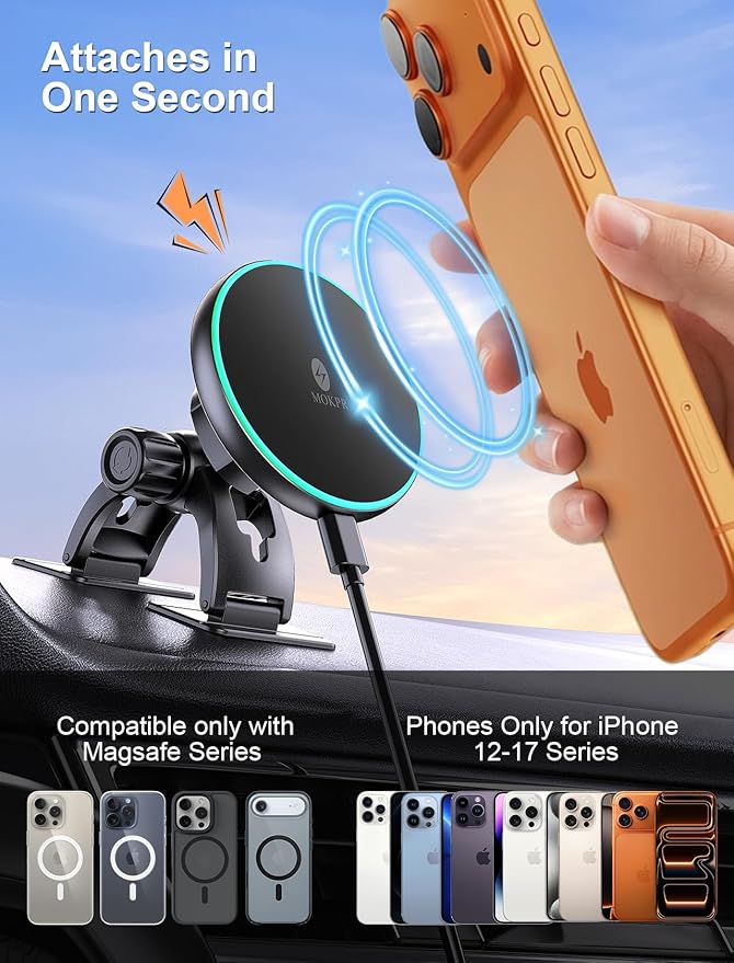 MOKPR for iPhone Magsafe Car Mount Charger, Wireless Car Charger Magnetic Car Phone Holder for Dash Air Vent-LED HandsFree Car Mount Fast Car Charger for iPhone 17/16/15/14/13/12 Series