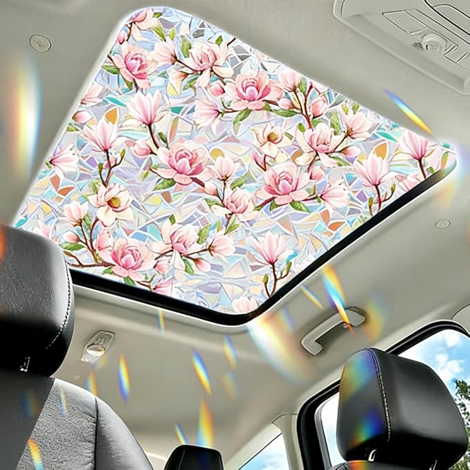 Pink Magnolia Window Privacy Film Rainbow Film Decorative, 3D Static Stained Glass Window Cling for Glass Door Room Wedding Valentines Stickers, 16.9" x 39.4"
