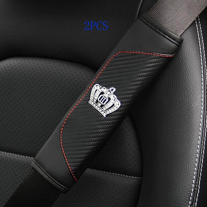 HYL World 2PCS Car Accessories Leather Car Seat Belt Cover Seat Belt Shoulder Pads with Bling Crystal Crown Decor,Black