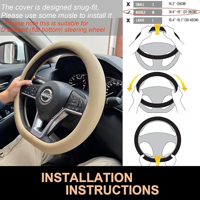 PINCTROT D Shaped Nappa Leather Steering Wheel Cover, Slim Fit No Bulk Design, One Piece Leather with Breathable Perforation,