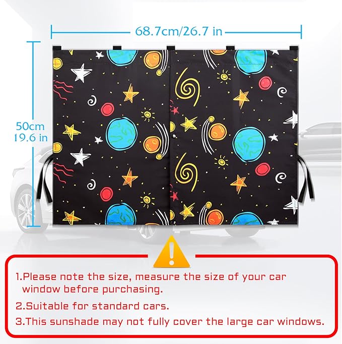 Car Window Shades, 2 Packs Magnetic Car Sun Shades for Baby, 2 Layers for Blackout/See Through Options Colorful Starry Pattern Side Window Curtain for Kids Heat/UV Blocker