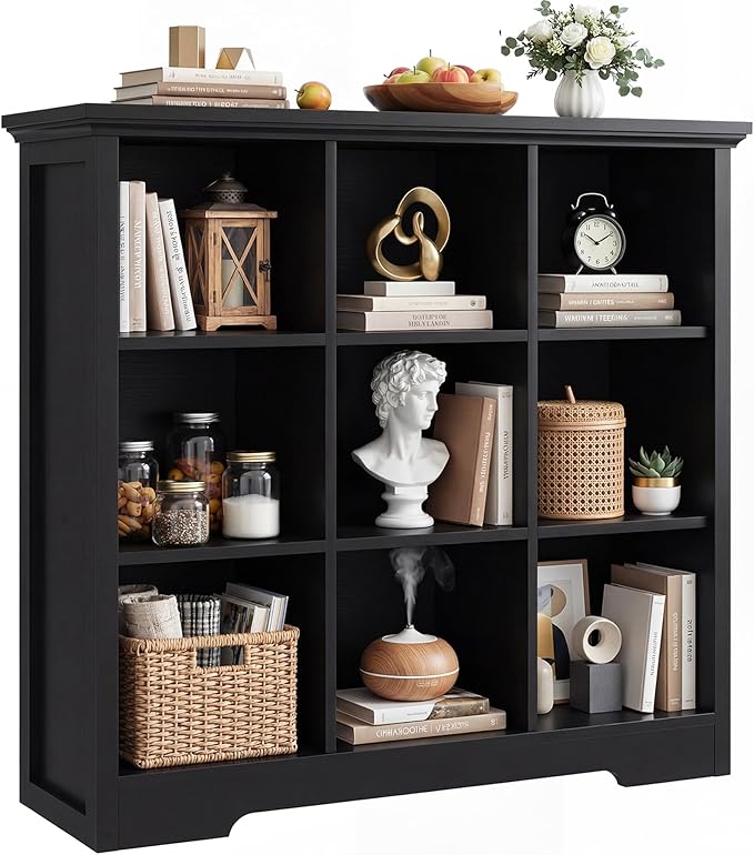 Aheaplus Wooden 9-Cube Storage Organizer with Charging Ports, Modern Cube Bookcase with Base, 4-Tier Floor Standing Open Cubb