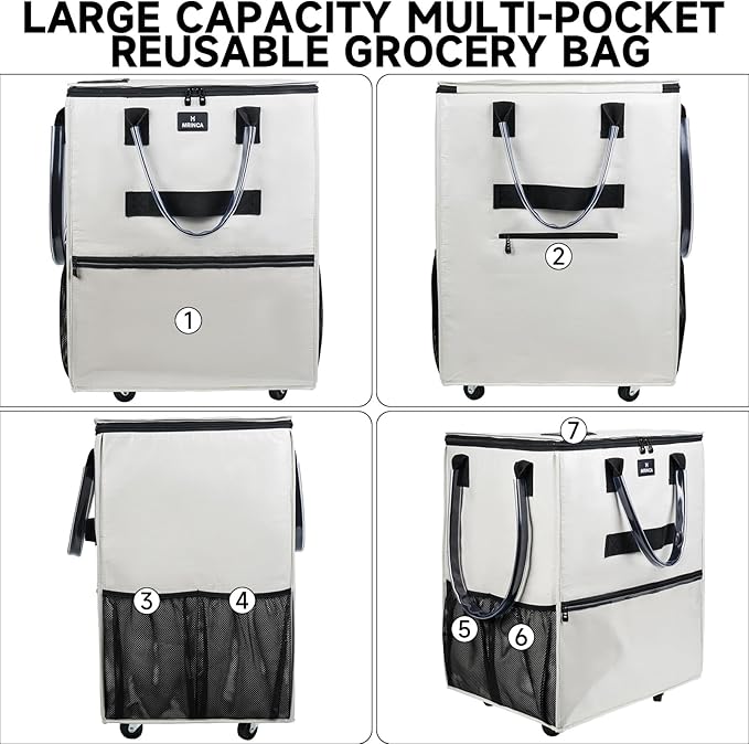 Large Reusable Grocery Bag On Wheels, 130L Foldable Rolling Tote with 5 Wheels, Multiple Pockets, Zippered Top & Heavy Duty Handle, Lightweight Shopping Cart for Groceries, Travel, Beige