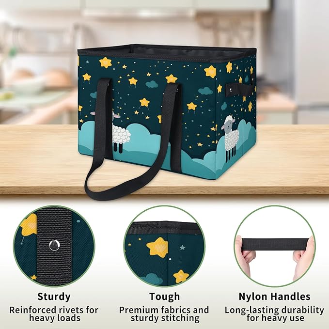 Reusable Grocery Bags Heavy Duty Shopping Bags Foldable Large Tote Bags with Long Handles & Hard Bottom