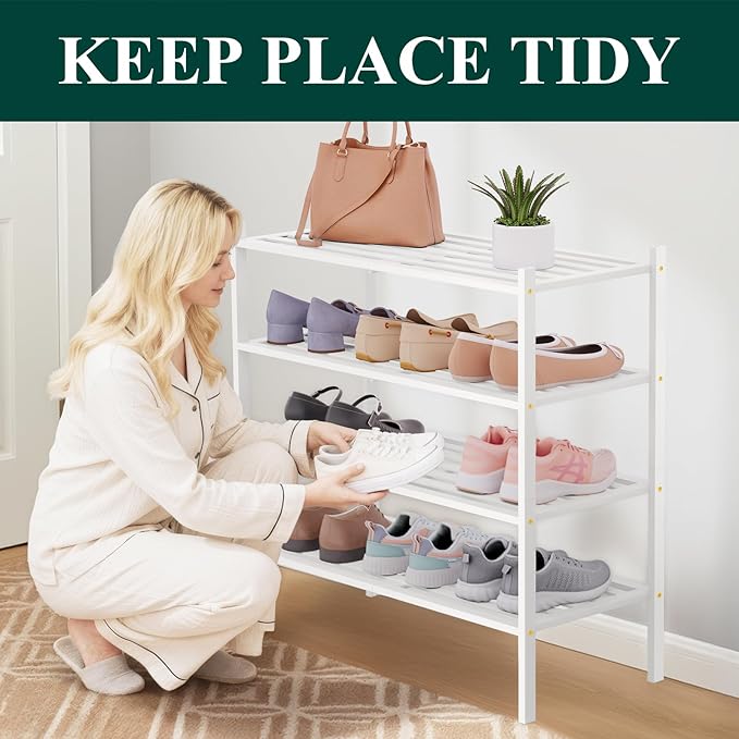 Smiry Bamboo Shoe Rack 4-Tier, Stackable Wooden Shoe Organizer for Entryway & Closet, Free Standing Wood Shoe Storage Shelf f