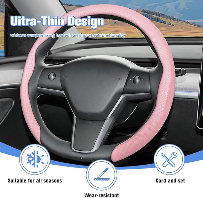 Car Nappa Leather Steering Wheel Cover, 15" Fashionable 5D Anti-Slip Vehicle Steering Wheel Protector, Breathable Auto Interi