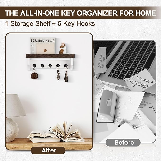 Key and Mail Holder Wall Mount, Key Holder with Shelf and Mail Organizer Wall Mount. Mail Holder with 5 Hooks for Coat, Dog L