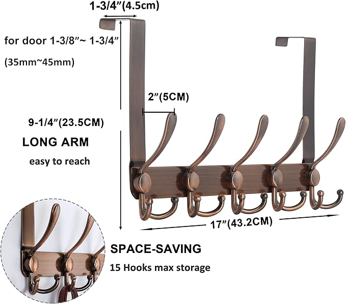 Dseap Over The Door Hook Hanger - Fits 1 3/8" to 1 3/4" Standard Doors | 5 Tri Hooks Heavy Duty Towel/Coat Rack | Door Organi