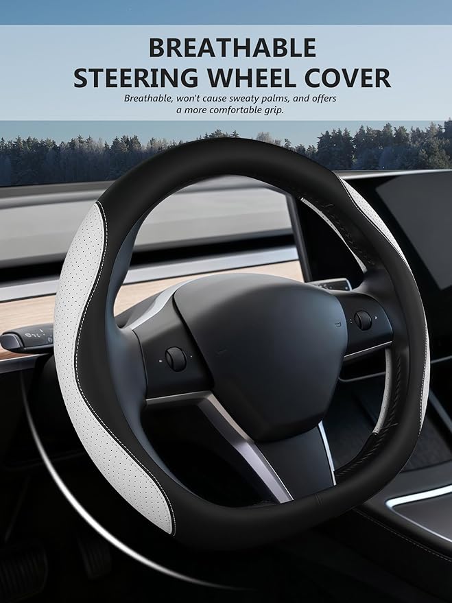 Custom Fit for Tesla Steering Wheel Cover Model 3 (2017-2026) & Model Y (2020-2026), Leather Designed for Tesla Highland/Juni