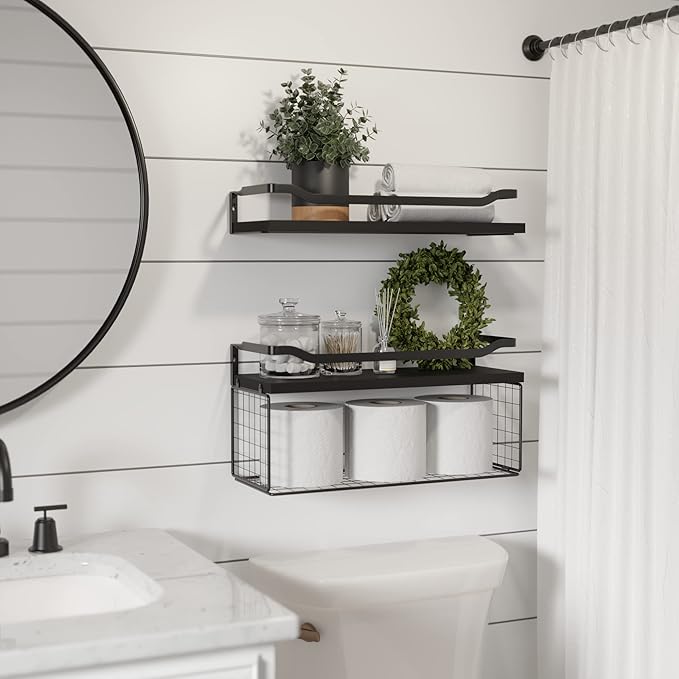 WOPITUES Floating Shelves with Wire Storage Basket, Bathroom Shelves Over Toilet with Protective Metal Guardrail, Wood Wall S