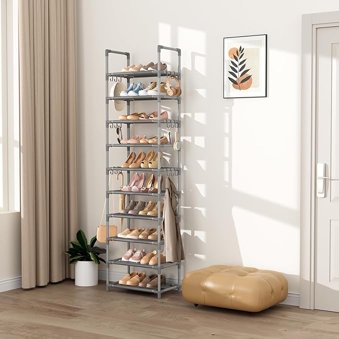 VTRIN 10 Tiers Tall Shoe Rack Holds 20-25 Pairs of Shoes Sturdy Vertical Shoe Organizer with 18pcs Hooks Stackable Narrow Sho