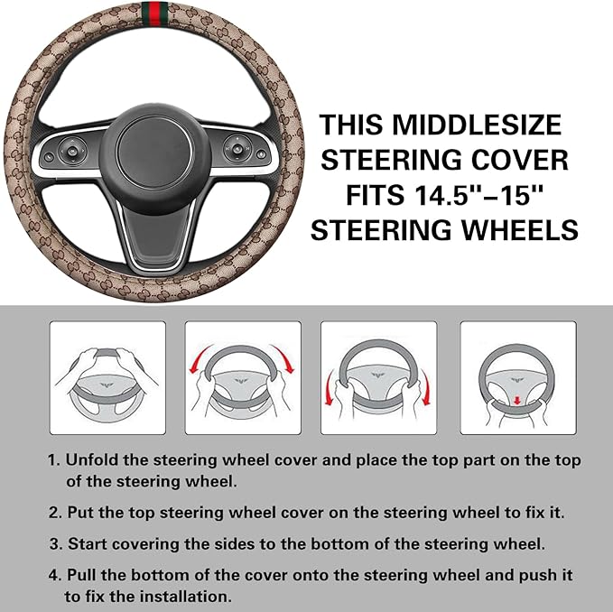 5PCS Steering Wheel Cover, with 2 Headrests, 2 Seat Belt Covers - Universal Fit for 14.5-15" Steering Wheel, Enhances Driving Experience - Perfect for Women (Beige)