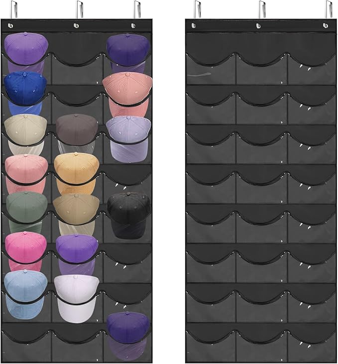 BiCINE Hat Rack for Baseball Caps, 24 Pocket Over the Door Hat Organizer with 3 Hooks, Hat Holder for Door with Large Clear P