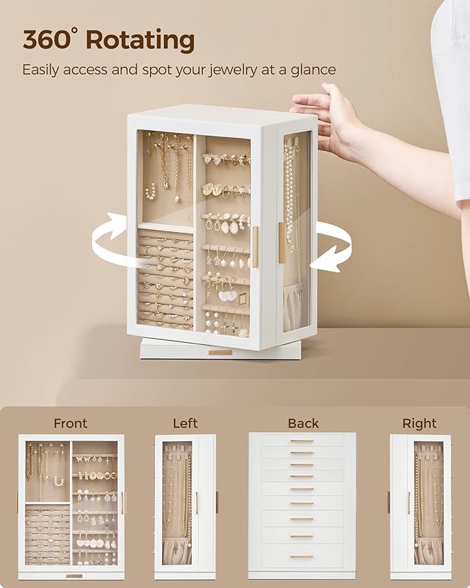 Glimmloop 360° Rotating Jewelry Box with 9 Drawers, Spacious Vertical Jewelry Organizer with Glass Window, Jewelry Storage Ca