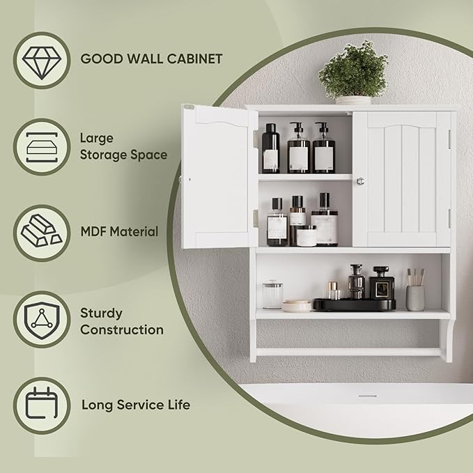 Smuxee White Bathroom Cabinet Wall Mounted with Towels Bar, Bathroom Medicine Cabinet with 2 Door Adjustable Shelves, Over To