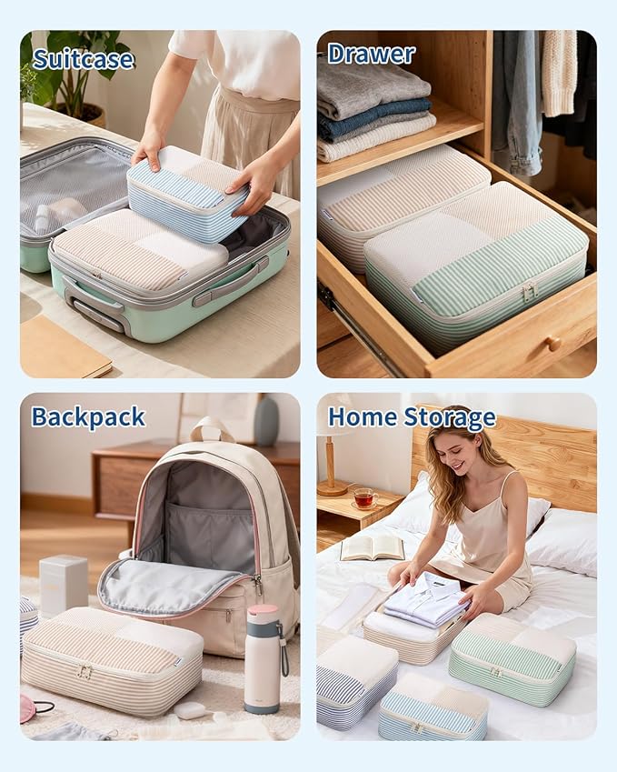 Narwey 7 Set Striped Packing Cubes for Travel Carry on Suitcase Luggage Organizer Bags for Kids Women Men, Durable Packing Or