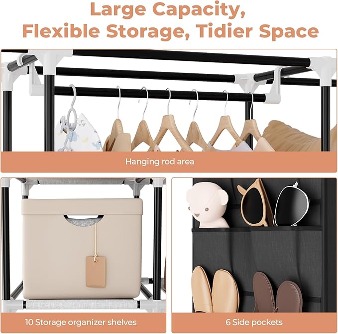 VTRIN Portable Closet Wardrobe for Hanging Clothes 57.3 Inch Large Capacity Clothes Rack with Cover, 10 Storage Organizer She