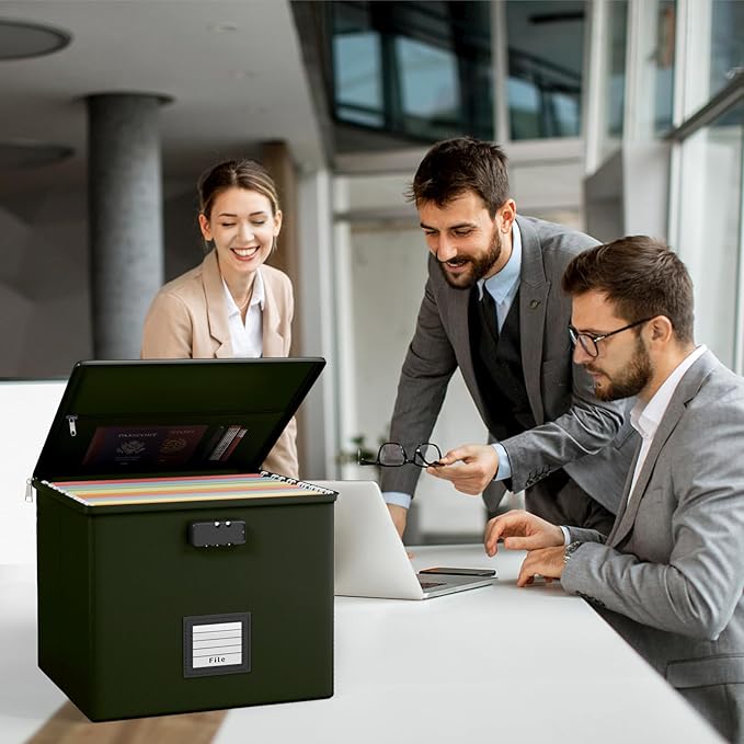 Army Green Fire Proof File Box for Documents - Portable Fireproof Document Organizer Box with Handle Waterproof Safe Locking 
