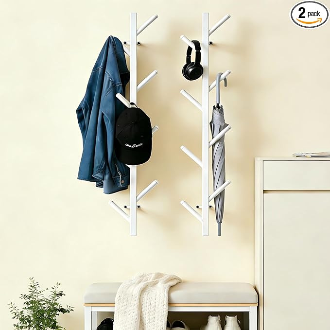 GAWAMAY Modern Vertical Coat Rack Wall Mount Set of 2 (Height33.4), White Metal Corner Wall Mounted Hat Racks Tree, Heavy Dut