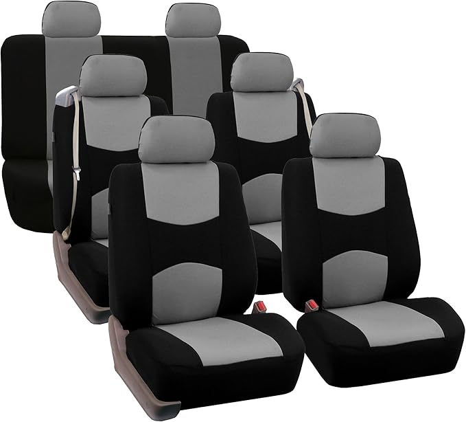 FH Group Three Row Full Set - 7 Seater All Purpose Flat Cloth Built-in Seat Belt Car Seat Cover- Universal Fit for Cars Truck