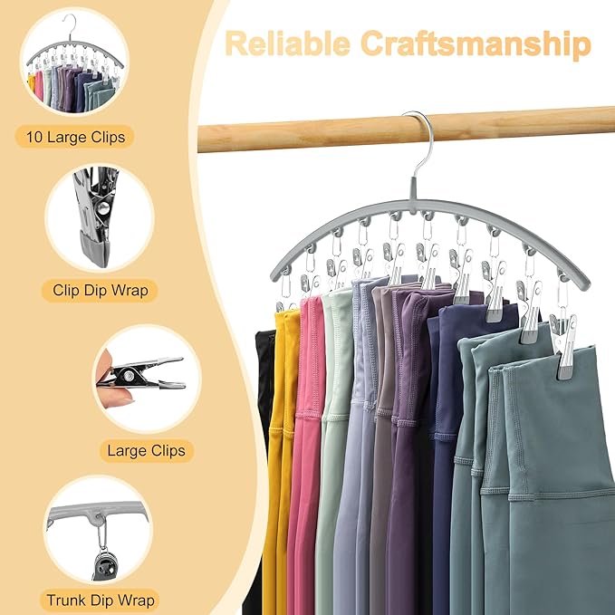 Volnamal Legging Organizer for Closet, Metal Yoga Pants Hanger w/Rubber Coated 1 Pack w/10 Clips Hold 10 Leggings, Hangers Sp