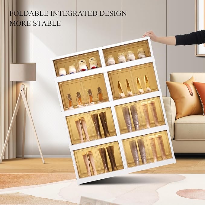 CIMLORD 4-Tier Foldable Shoe Rack Organizer for Closet 16Pairs Plastic Collapsible Shoes Storage Box Clear Shoe Boxes Stackab