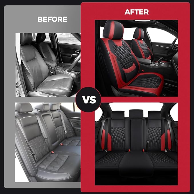 FREESOO Black Red Car Seat Covers Full Set - Faux Nappa Leather Seat Covers for Cars, Breathable Waterproof Front Seats with 