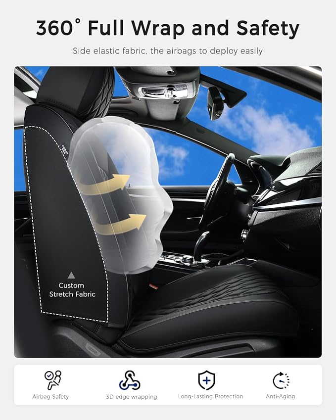 Huidasource Front Seat Covers, Car Seat Covers Front Seats Nappa Leather, Side Elastic Fabric, Compatible with Airbags, Seat 