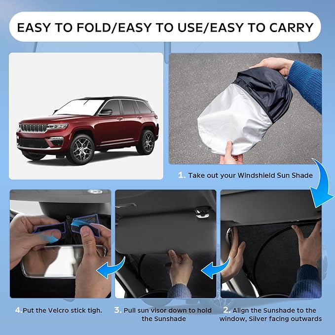 Sun Shade Sunshade for Jeep Grand Cherokee 2022-2025 2026 Windshield Cover, 4-Layers Sun Shield 250T Silver Sun Visor Foldable Window Shade Blocks UV Rays Cooler Car Accessories