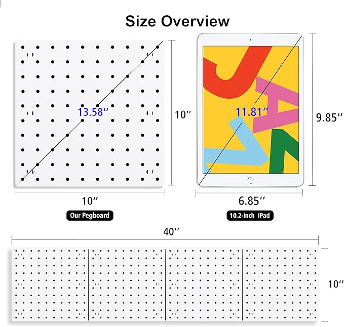 4Pcs Peg Board Panels, White ABS Pegboard Wall Mount, Easy Installation for Craft Room, Garage, Kitchen, Workshop
