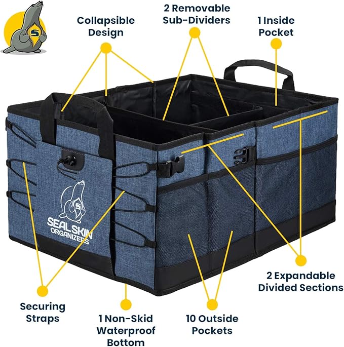 Seal Skin Covers Trunk Organizer for SUV, Car & Truck - Premium Heavy Duty & Collapsible with 3 Adjustable Size - Lightweight &